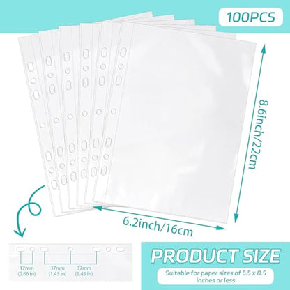 VOKOY 100 Pack 5.5x8.5 Inch Sheet Protectors for 3 or 6 Ring A5 Binder, Half Letter Size 7 Holes Mini Heavy-Duty Sheet Protector Sleeves Crystal Clear Playbill Binder Pockets - size: 5.5x8.5 Inch-1 Pocket, style: 100 Pack