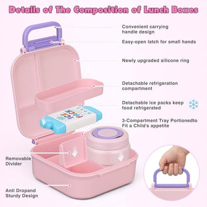 Bento Lunch Box for Kids with 7oz Soup Thermo,Insulated Stainless Steel Kids Water Bottle with Straw and Insulated Lunch Bag,Leak-Proof Lunch Food Container with Ice Pack for School(Pink) - color: Pink