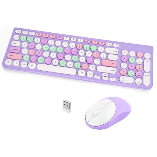 Wireless Keyboard and Mouse Combo, Retro Typewriter Keyboard with Round Keycaps, 2.4GHz USB Cute Wireless Keyboard Mouse for Computer, Desktop, Laptop (Purple Colorful) - color: Purple Colorful