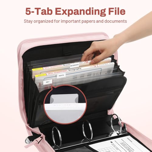 SUNEE Zipper Binder 3 Ring, 3 Inch O-Ring with Handle and Shoulder Strap, 600-Sheet Capacity, Multi-Pockets for Middle School Organizer Binder with Zipper, Pink Lotus - color: Pink Lotus