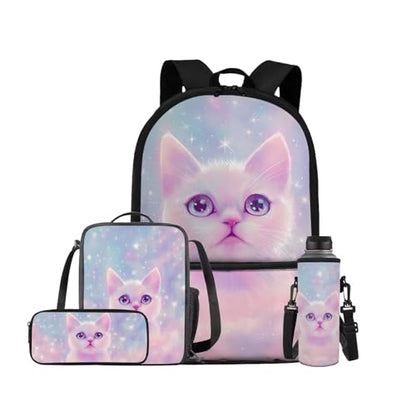 Aesthetic Galaxy Cat Backpack for School Girls Backpack with Lunch Box Water Bottle Bag and Large Pencil Case 4PCS Set 17" Bookbag with Front Pocket Lightweight School Bag for Kids Elementary - color: Aesthetic Galaxy Cat