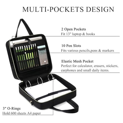 Zipper Binder | 3 Inch O-Ring, 600 Sheet Capacity Trapper Keeper with Shoulder Strap & Handle, Binder Bag with Multiple Storage Pockets, Fits 13" Laptop (Black) - color: Black