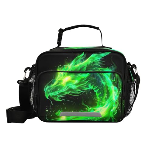 Green Flame Dragon Kids Lunch Box Insulated Lunch Bags Cooler Tote Bag with Removable Shoulder Strap for Boy Girl Student 20856151 - color: Green Dragon