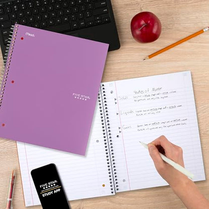 Five Star Spiral Notebook + Study App, 3 Subject, Wide Ruled Paper, 8" x 10-1/2", 150 Sheets, Fights Ink Bleed, Water Resistant Cover, Amethyst Purple (38737) (Pack of 6) - color: Purple, size: 8" x 10-1/2" (Pack of 6)
