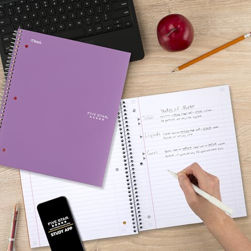 Five Star Spiral Notebook + Study App, 3 Subject, Wide Ruled Paper, 8" x 10-1/2", 150 Sheets, Fights Ink Bleed, Water Resistant Cover, Amethyst Purple (38737) - color: Purple, size: 8" x 10-1/2" (Pack of 1)