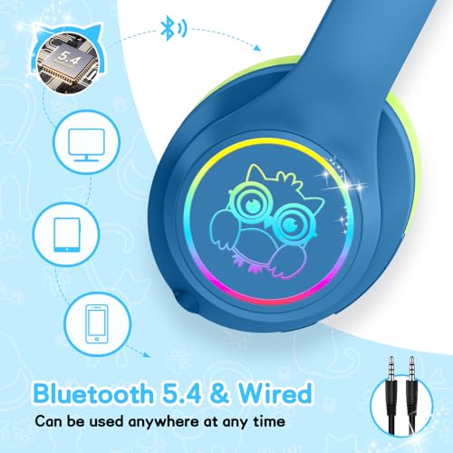 LOBKIN Active Noise Cancelling Headphones for Kids with Case - RGB LED Light Up Foldable Adjustable Over Ear Headphone Support Wireless or 3.5mm Wired Mode for Toddler & Girls & Boys Teens