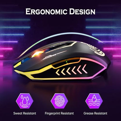 UHURU Wireless Gaming Mouse Up to 12000 DPI, Rechargeable USB-C Wireless Mouse with 7 Buttons 7 Dynamic LED Color Ergonomic Programmable MMO RPG for PC Laptop, Compatible with Windows Mac - color: Black