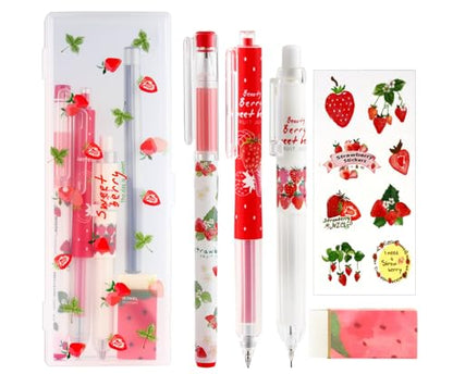 Cute Strawberry Pens Set Include Kawaii 0.5mm Strawberry Mechanical Pencil,Mechanical Pencil Lead Refills,Erasers,Gel Pens,Stickers,Strawberry Stationery Set for Office School Supplies
