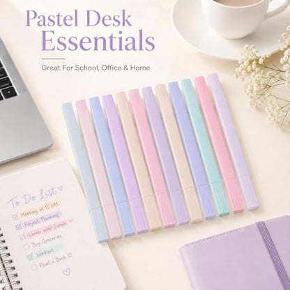 Pastel Highlighters, 12 Pack Dual Tip Highlighter Set with Chisel and Fine Tips, Aesthetic Bible Highlighters No Bleed Through for Journaling, Bible Study, Planner, Note Taking, School and Office