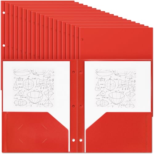 Yeaqee 72 Pcs Plastic Folders with Pockets Bulk 3 Hole Punched 2 Pocket File Folders for 3 Ring Binder Divider Folder for Notebooks, Durable Poly for Office Home (Red) - color: Red