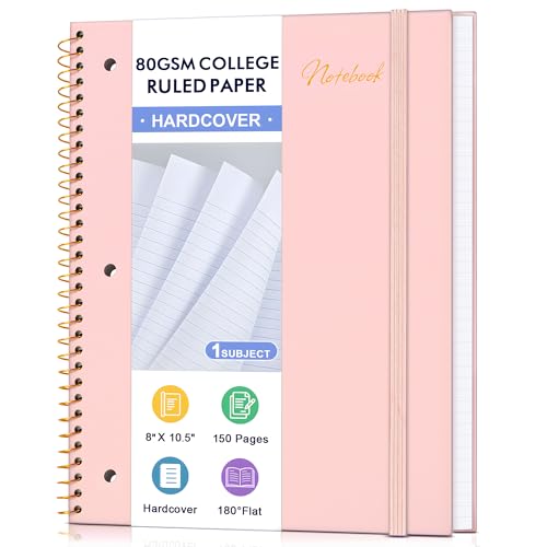 Spiral Notebook College Ruled Paper 8" x 10-1/2", 1 Subject Spiral Notebook 80GSM Paper, 3-Hole Punched Perforated Pages Ideal for School, Office, Writing, 75 Sheets Lined Journaling Notebook, Pink - color: Pink