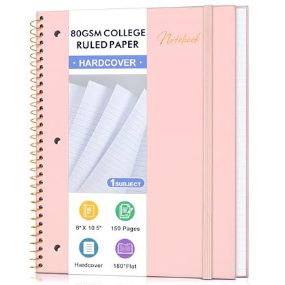Spiral Notebook College Ruled Paper 8" x 10-1/2", 1 Subject Spiral Notebook 80GSM Paper, 3-Hole Punched Perforated Pages Ideal for School, Office, Writing, 75 Sheets Lined Journaling Notebook, Pink - color: Pink