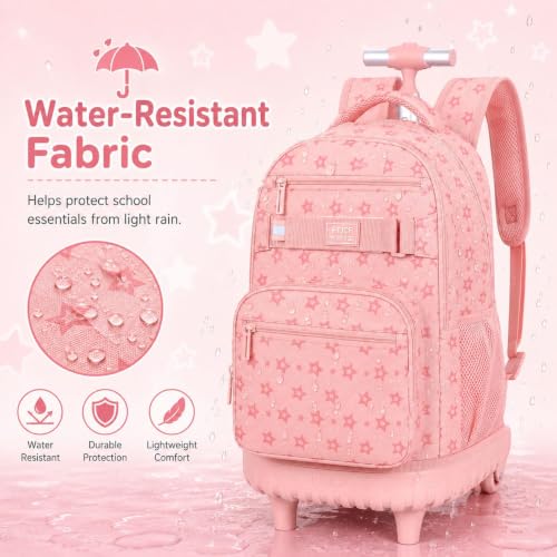 3Pcs Rolling Backpack for Girls Women, School Kids Roller Bookbag with Wheels, Wheeled Backpacks Set for Elementary (Pink) - color: Star Pink