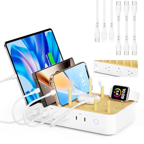 Bamboo USB-C Charging Station for Multiple Devices,60W 6 Port Charing Dock with 3 AC Outlets, 3 USB C, 3 USB A,6.6ft Power Cord for lPhone,lPad,Tablets (6 Mixed Cables Included),White - color: White
