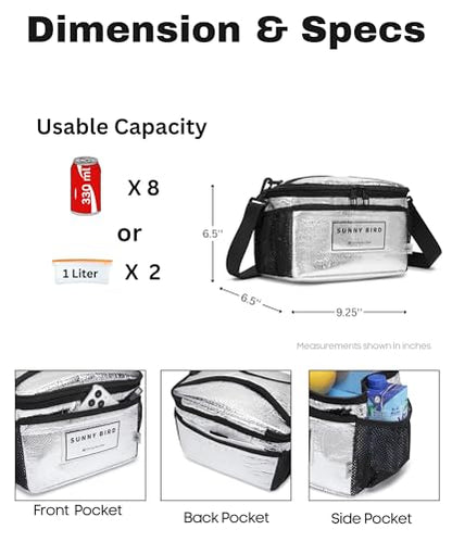 SUNNY BIRD Insulated Leakproof Lunch Bag, Thermally Insulated, Shoulder Strap for Women, Men and Teen (Silver Black) - color: Silver Black