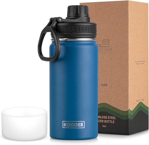 koodee Water Bottle -16 oz Stainless Steel Double Wall Vacuum Insulated Water Bottle for School Wide Mouth Spotrs Flask with Leakproof Spout Lid (Navy) - color: Navy, size: 16 Ounces