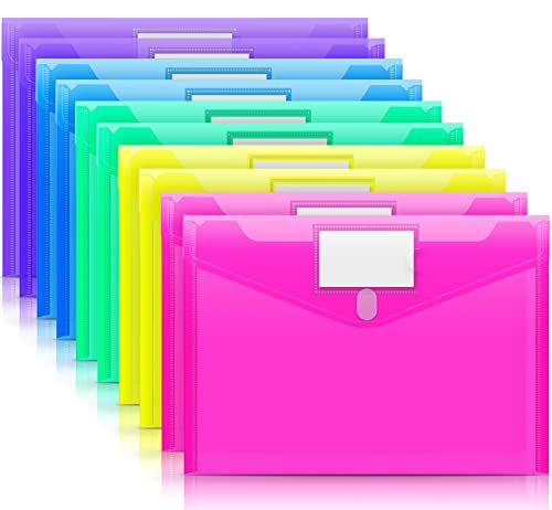 Sooez 10 Pack File Folders, Clear Poly Envelopes Plastic Folders, Folder for Documents Letter A4 Size with Label Pocket, Teacher School Office Supplies Organization Storage, Assorted Color