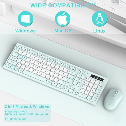 Silent Keyboard and Mouse Combo Wireless,ful-Sized Wireless Keyboard and Adjustable DPI Mouse, 2.4GHz USB Receiver, Keyboard and Mouse for PC, Windows, MAC, Desktop, Laptop (Mint Green-B) - color: Mint Green and white-B