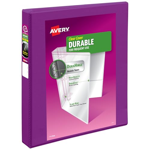 Avery Durable View 3 Ring Binder, 1 Inch Slant Rings, 250-Sheet Capacity, DuraHinge, 1.4 Inch Wide Spine, Customizable Clear Covers and Spine, 1 Bright Purple Binder (17294) - color: Purple, size: 1"