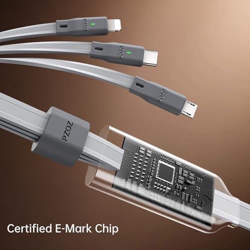 pzoz 100W USB C & USB A Fast Charging Cable, 3 in 1 Multi Charging Cable with E-Marker Chip, USB-C/Lightning/Micro USB Cord for iPhone, iPad Pro, MacBook, Samsung Galaxy