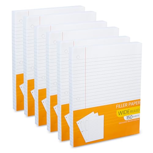 Notebook Paper Wide Ruled, Loose Leaf Paper Wide Ruled Notebook Binder Paper Bulk, Lined Filler Paper for 3 Ring Binders - 10.5” X 8", for Student, College, School - 150 Sheets - (6 Pack) - style: 6 Pack