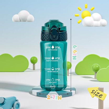 OLDLEY 12oz Kids Water Bottle, Tritan BPA-Free, Leakproof Flip Straw Lid, Motivational Time Marker, Carry Strap, Reusable Clear Water Bottle for Boys & Girls,Trout Green - color: Trout Green, style: 12 Ounces