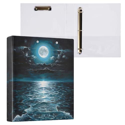 Silent Moon Night Sea Wave Landscape 3 Ring Binder 1.5" Decorative D-Ring Binder with Clipboard&3 Clear Pockets, Holds 200 Sheets A4 Size Paper Waterproof Binders for School Home Office - color: Moon Night Sea Wave, size: ‎12.4x10.63x2.36 Inch-1 Pack