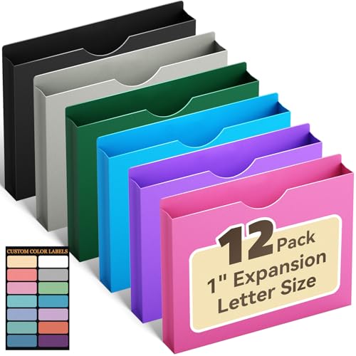 ANSOOK Plastic File Jackets & File Pockets Letter Size,Heavy Duty 1" Expandable Manila File Folders for File Cabniet,12 Pack Manilla Pocket Folders,Project File Jackets with Straight Cut Tab - color: Colored, size: 1" Expansion