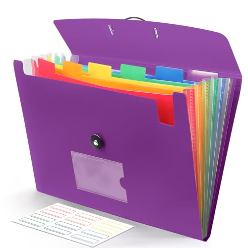 Accordian File Organizer 7 Pocket Expanding File Folder with Labels, Plastic Expandable File Folder for Documents Letter Size A4 Papers - Purple - color: 04-purple