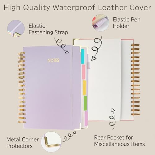 5 Subject College Ruled Notebook, 300 Pages Ink-Proof Paper, 8x10 Inch, Hardcover Spiral Bound with Dividers and Tabs, Ideal for School, College, Work, Students (Purple) - color: Purple