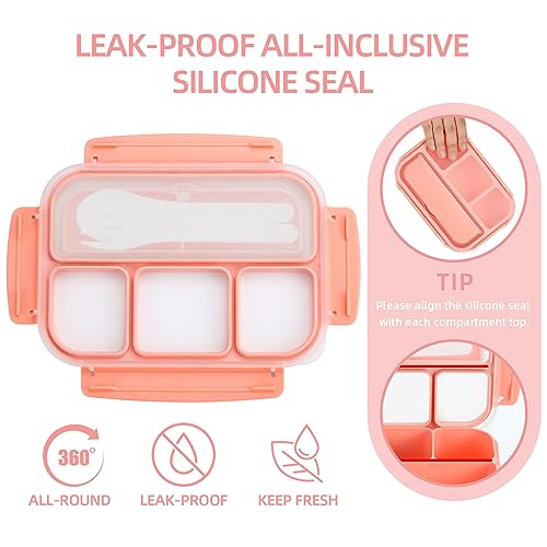 QQKO Bento Box Adult Lunch Box, Lunch Containers for Adults Men Women, Kids Lunch Boxes for School with 4 Compartments, Sauce Container, Utensils and Muffin Cups, Pink - color: Pink