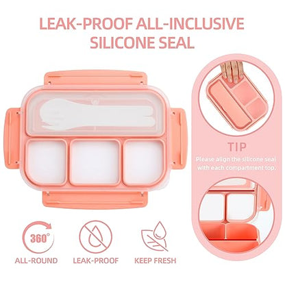 QQKO Bento Box Adult Lunch Box, Lunch Containers for Adults Men Women, Kids Lunch Boxes for School with 4 Compartments, Sauce Container, Utensils and Muffin Cups, Pink - color: Pink