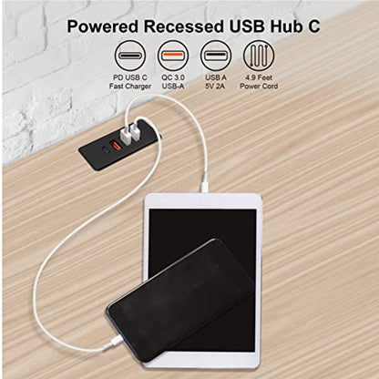 Powered USB C Hub Socket Recessed USB C Power Strip Outlet with Fast Charge 4 USB Ports 20W Mounted into Bed Desk Table Sofa