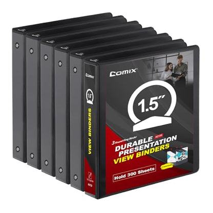 COMIX Sturdy 3 Ring Binder 1.5 inch with Clear View Cover, 1-1/2" Round Ring View Binder, PVC-Free, 2.4mm-Thick, 300 Sheets Capacity of US Letter Size Paper, Office ＆ School Supplies, 6 Pack (Black) - color: Black, size: 1.5 Inch, style: 6 Pack