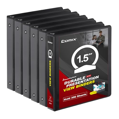 COMIX Sturdy 3 Ring Binder 1.5 inch with Clear View Cover, 1-1/2" Round Ring View Binder, PVC-Free, 2.4mm-Thick, 300 Sheets Capacity of US Letter Size Paper, Office ＆ School Supplies, 6 Pack (Black) - color: Black, size: 1.5 Inch, style: 6 Pack