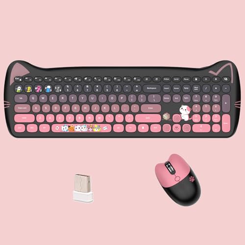 Cute Cat 2.4G USB Wireless Keyboard and Mouse Combo, Silent Keys, Candy Colors, Compatible with Notebook, PC (BlackPink-110Keys) - color: BlackPink-110Keys