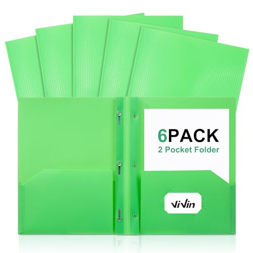 ViVin Sturdy Plastic Folder with Pockets,6 Pack,Heavy Duty Two Pocket 3 Prong Folders,Holds Letter Size Paper,File Folders with Business Card Slot for School Home and Office(Green) - color: Green, size: 6 PACK