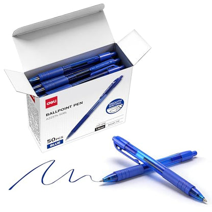 deli Pens Bulk,50 Pack Ballpoint Pens Blue Ink 1.0MM Medium Point, Smooth Writing Retractable Pen with Soft Grip, No Bleed, Fast Dry, for Office School Home Use - color: Blue, size: 50 PCS