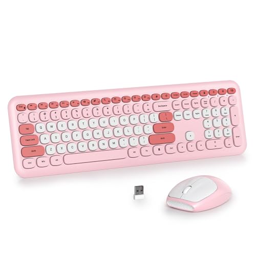Wireless Typewriter Keyboard and Mouse Combo Retro 104 Key Full Size Office Set Pink with Silent Round Keycaps, Ideal for Laptop and Desktop PCs, Cute Design Keyboard (Pink White) - color: Pink white