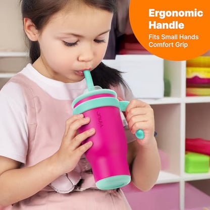 VINUR Insulated Tumbler with Handle 17 oz Stainless Steel Double Wall Vacuum Tumbler Travel Water Cup with Lid and Straw(Rose Pink) - color: Rose Pink-Teal, size: 17 Ounces