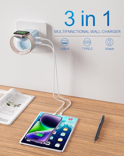BeaSaf 36W for Apple Charging Block with Built-in Watch Charger, Foldable PD Fast Charger Block for iPhone, Dual Ports Wall Charger Compatible with Apple Watch iPhone AirPods(Blue) - color: Blue