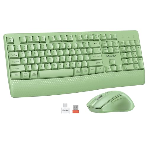 MEETION Green Wireless Keyboard and Mouse, Full-Sized Cordless Keyboard with Wrist Rest, 3 DPI Adjustable Mouse, 2.4GHz USB-A Receiver, Computer Keyboard for PC/Computer/Laptop/Windows/Mac - color: Green