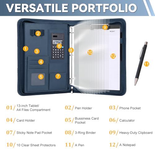 Leathario Portfolio Binder, Includes 5 Sheet Protectors and a Pen, 13 Inch Tablets Organizer, Vegan Leather A4 Padfolio, Multi-Pocket Notepad Business Planner Professional Document - color: Relief Blue