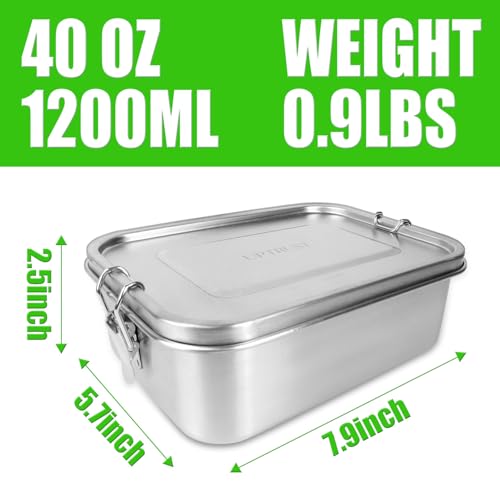 UPTRUST Leak Proof Stainless Steel Lunch Food Container, 1200ML/40oz Large Bento Boxes Metal Lunch Box for Kids or Adults - Lockable Clips Adjustable Divider included - size: 1200 ML - with Adjustable Divider