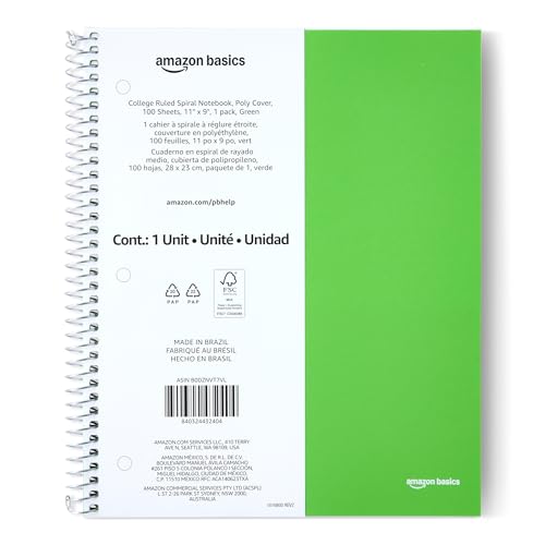 Amazon Basics College-Ruled Spiral Notebook, Poly Cover, For Work and School, 100 Sheets, 9" x 11", Green, 1-Pack - color: Green, style: College Ruled 100 Sheets