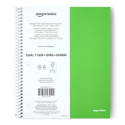Amazon Basics College-Ruled Spiral Notebook, Poly Cover, For Work and School, 100 Sheets, 9" x 11", Green, 1-Pack - color: Green, style: College Ruled 100 Sheets
