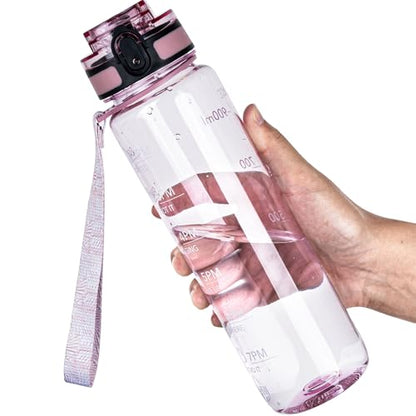 OLDLEY Water Bottle, 32oz Motivational Sports Water Bottle with Time Marker - Times to Drink - Tritan, BPA Free, Wide Mouth Leakproof,Clear Pink - color: Clear Pink