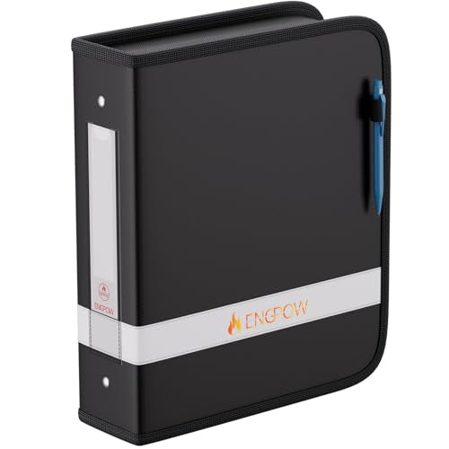 ENGPOW 3 Ring Binder,Fireproof 2 Inch D Ring Binder with Zipper,Holds 500 Sheets,Non-Stick,PVC-Free,Compatible with Clear Sheet Protectors,Portable School Office Home Safe Storage for Paper,Black - size: 2 inch