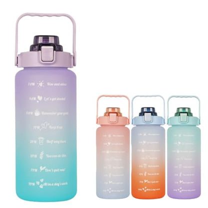 Large Motivational Water Bottle with Straw Time Marker BPA Free for Sport and Fitness (64 Oz/Half Gallon) (cyan-blue-purple)