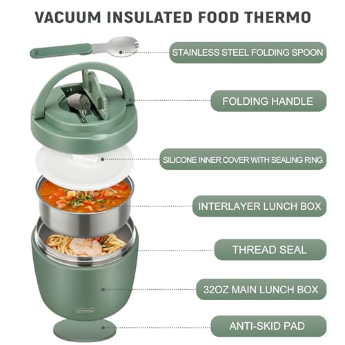 wiwens Thermo Food Jar for Hot Food Adults 32OZ Soup Thermo Lunch Containers Wide Mouth Vacuum Insulated Stainless Steel Leakproof Bento Box with Spoon (Green) - color: Green